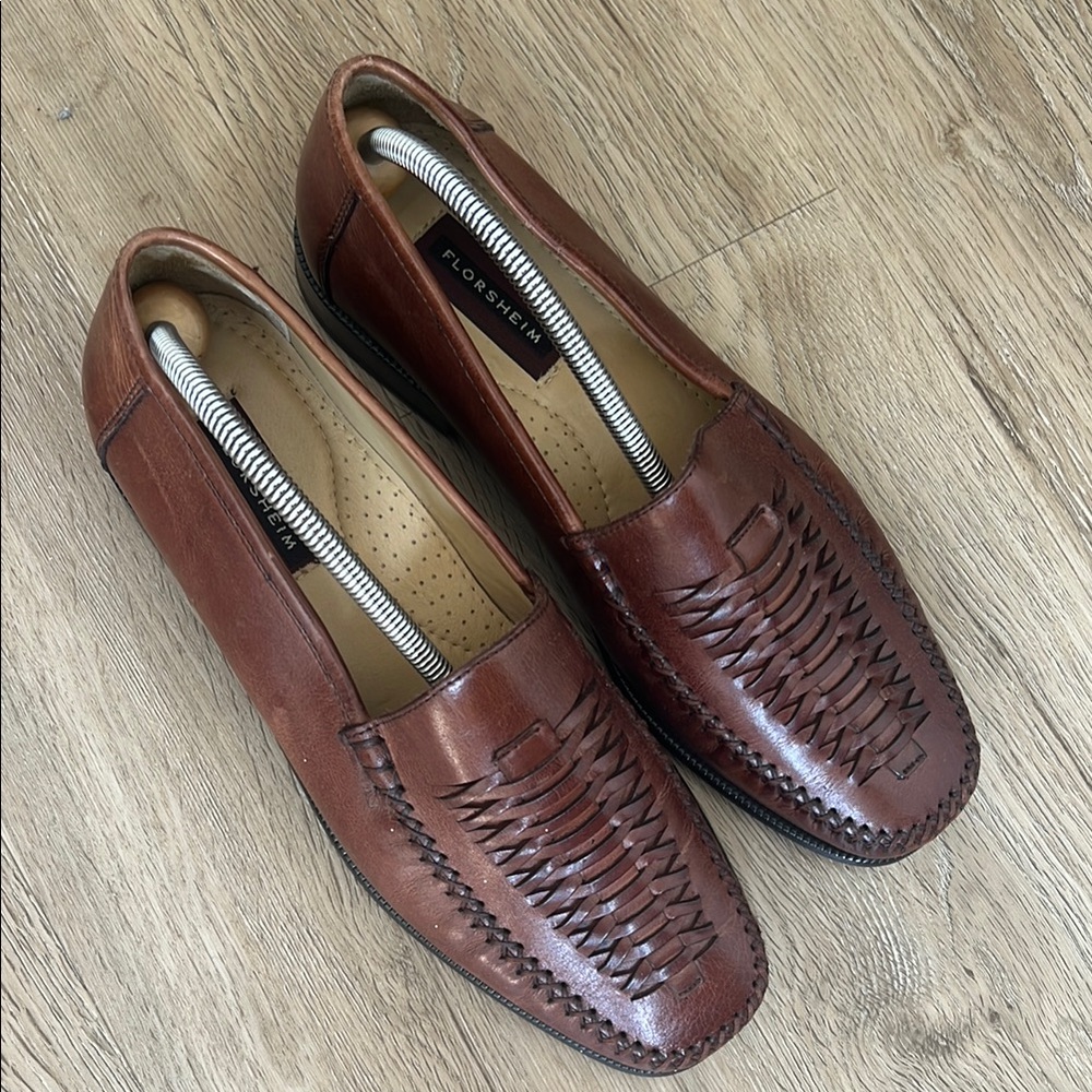 Florsheim Brown Leather Loafers with Woven Design
